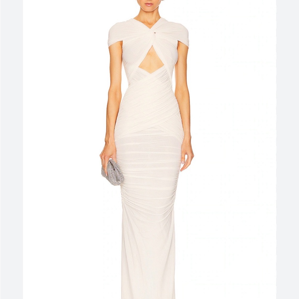 Ronny Kobo Collection Cream Ruched Maxi Dress